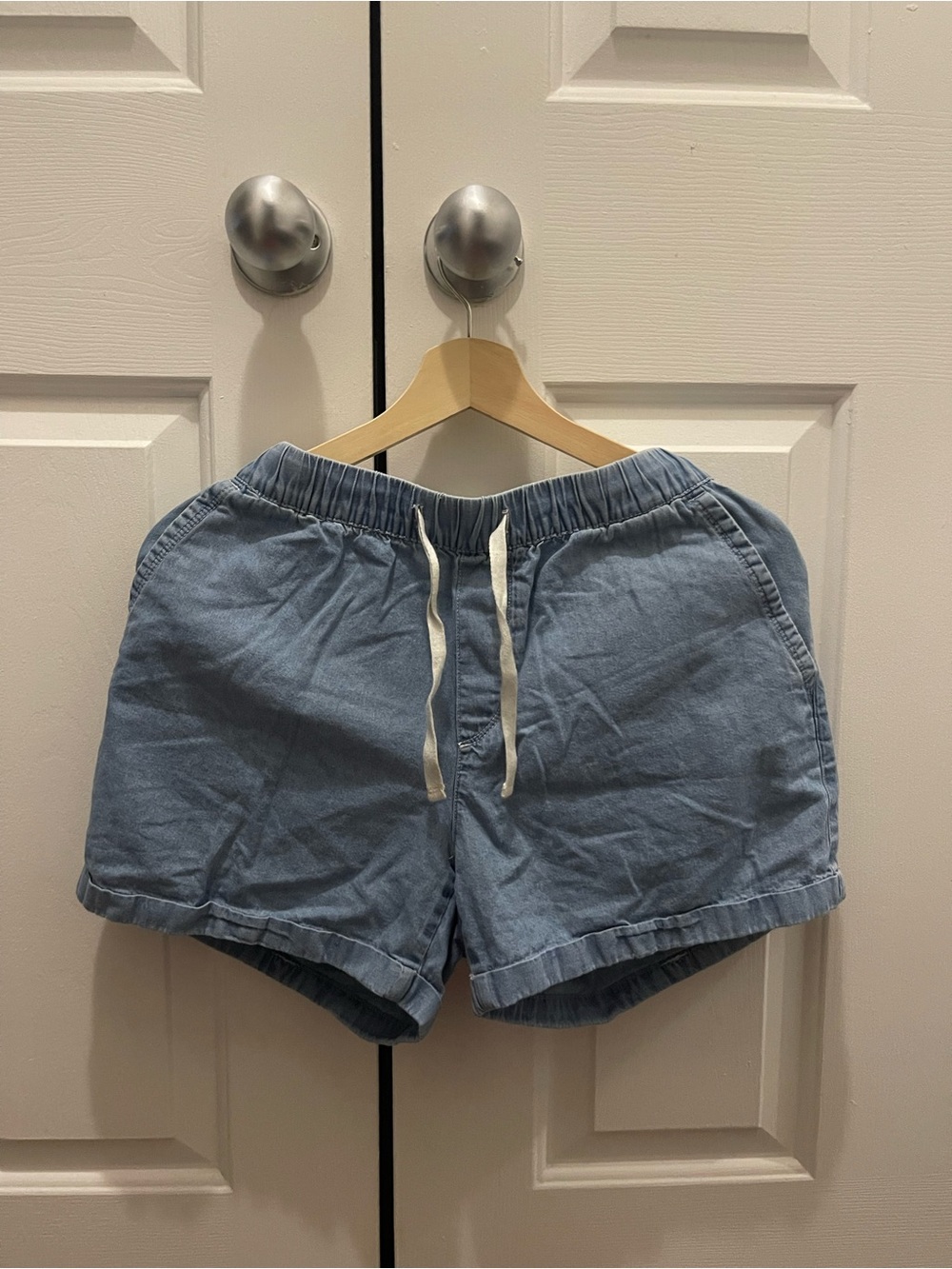 Light Blue Casual Drawstring Linen-Blend Shorts
